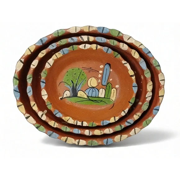 Mexican Redware Nesting Bowls Set 3 Hand Painted Folk Art Terracotta Scalloped