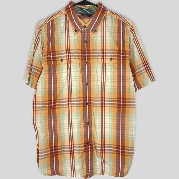 North Face Men Shirt Medium Orange Plaid Short Sleeve Delridge Button Up Outdoor