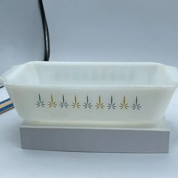Vintage Fire-King loaf pan “Candle Glow” pattern Anchor Hoking 1960.