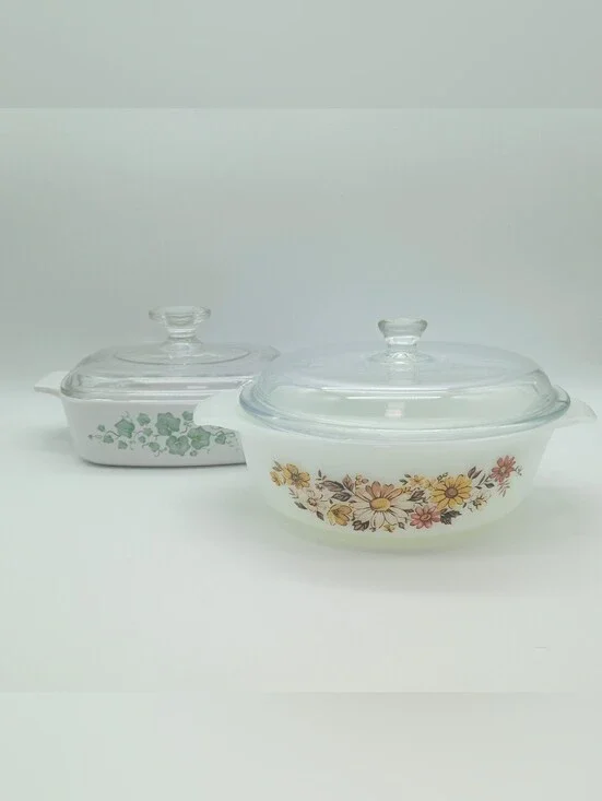 CorningWare Callaway Ivy 1Qt & Anchor Hocking Fire-King milk glass casserole