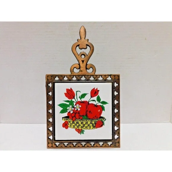 Vintage 1970's Cast Iron & Ceramic Tile Trivet Assorted Vegetables JC484