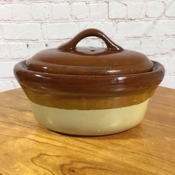 Vintage Two-Tone Brown Ceramic 1 Quart Covered Casserole