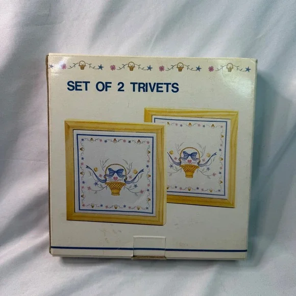 Vintage Set of 2 Ceramic Tile Wood Framed Trivets Country Floral Basket Wall Art