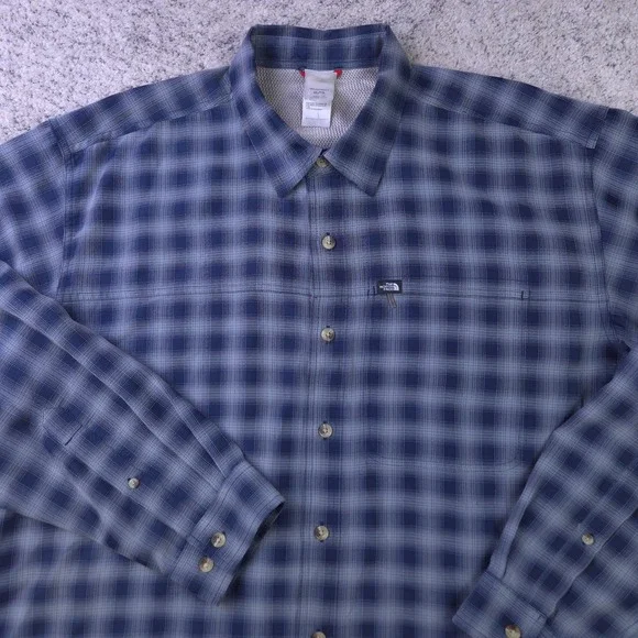 The North Face Shirt Mens XL Long Sleeve Button Stretch Zip Pocket Blue Check
