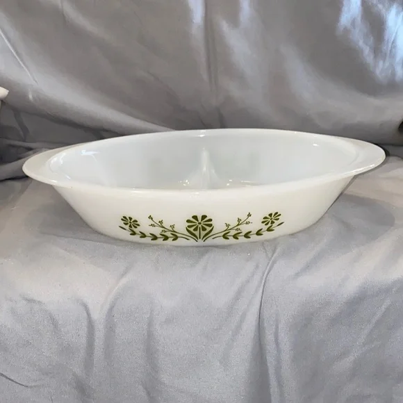 Vintage Glasbake Divided Casserole Dish Green Retro Flower Oven Proof Microwave