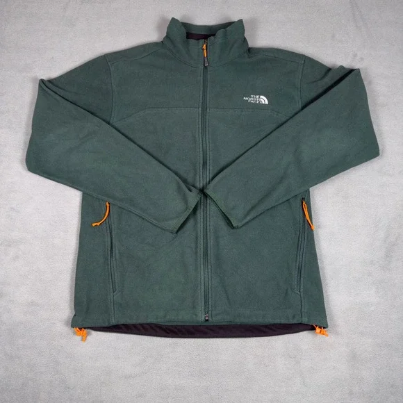 The North Face Mens Full Zip Fleece Jacket Green Orange Trim Medium