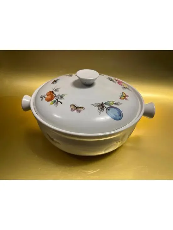Vintage Ceramic Covered Casserole Dish with Fruit and Butterfly Motif