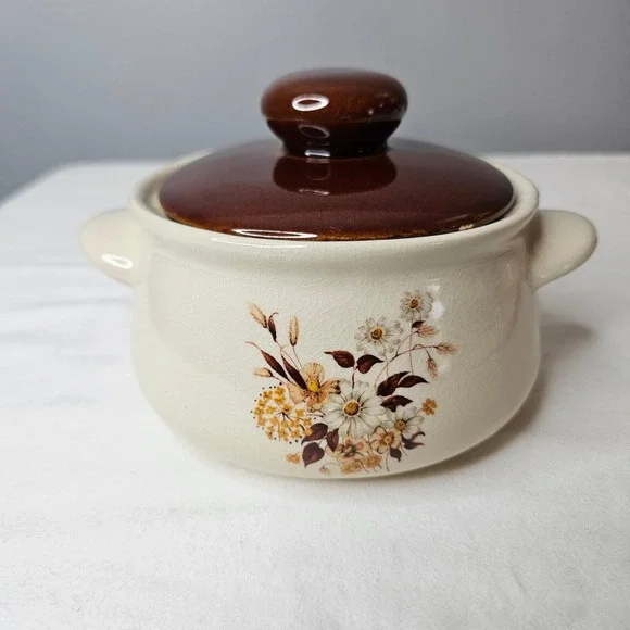 Vtg Woolworth Country Bouquet Floral‎ Stoneware Soup Onion Casserole Dish w/ Lid