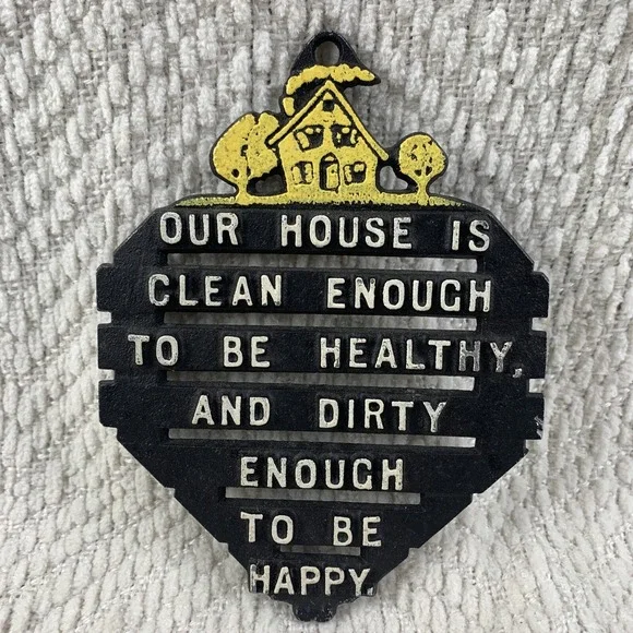 Vintage Cast Aluminum House Is‎ Clean Metal Trivet Kitchen Decor White Black USA