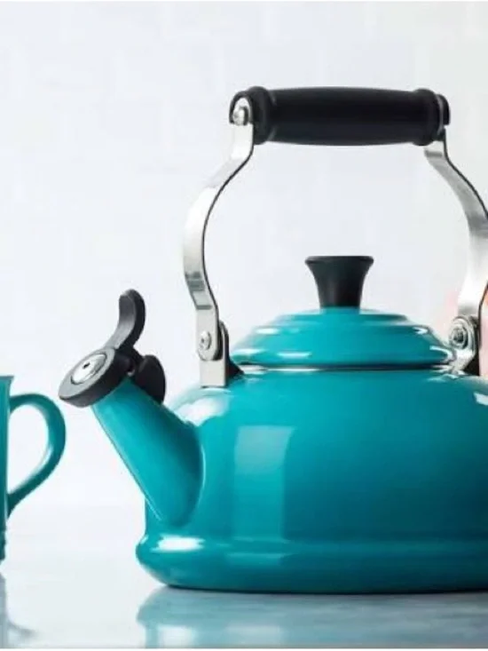 Le Creuset Turquoise Enamel Stovetop Whistling Kettle with Black Handle