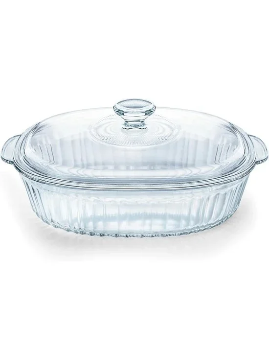 2.8L Glass Casserole Dish with Lid - Ribbed Oval Baking Dish for Oven