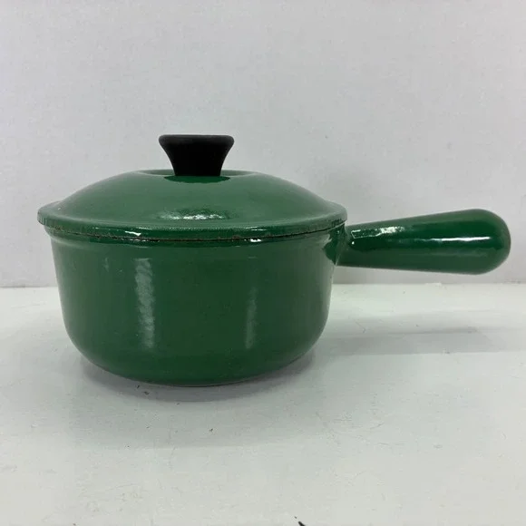 Le Creuset Vintage Green Enamel Cast Iron Saucepan with Lid Size 14 France