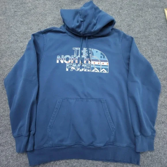 The North Face Hoodie‎ Mens Large Blue Pullover Fleece Graphic Logo Sweatshirt