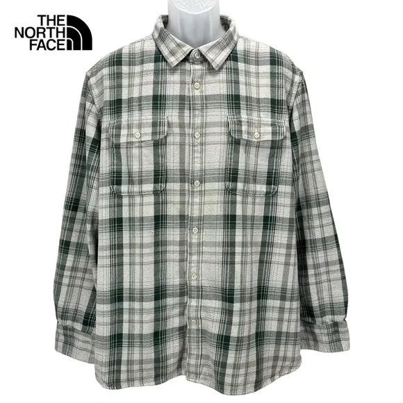 The North‎ Face Men’s XXL Gray & Green Flannel Long Sleeve Button Up Shirt