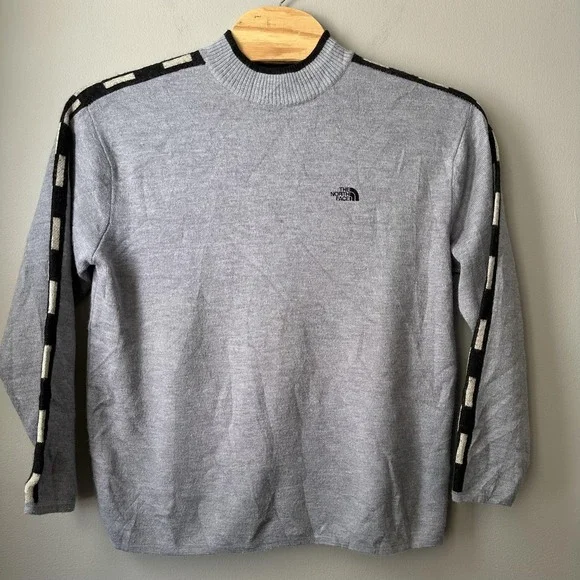The North Face Sweater Mens Large Gray Mock Neck Knit Stripe Sleeve Pullover Y2K