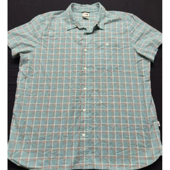 The North‎ Face men's blue/orange plaid short sleeve button down shirt sz. XL