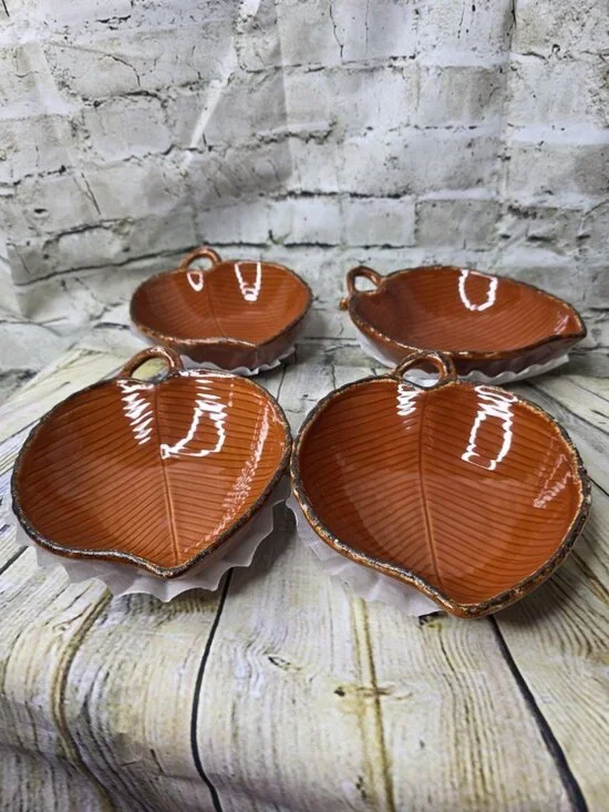 4 Leaf Shaped Hand Painted Crafted Ceramic Bowl Burnt Orange Rough Glazed Finish