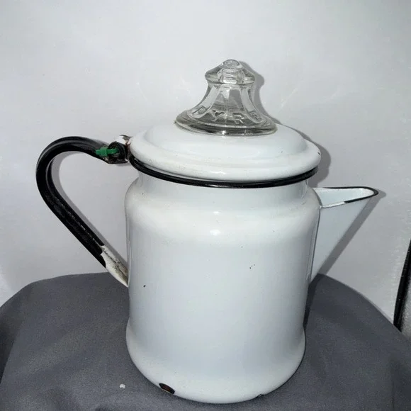 Vintage Pyrex Enamelware 2pc Coffee Pot farmhouse 7.75