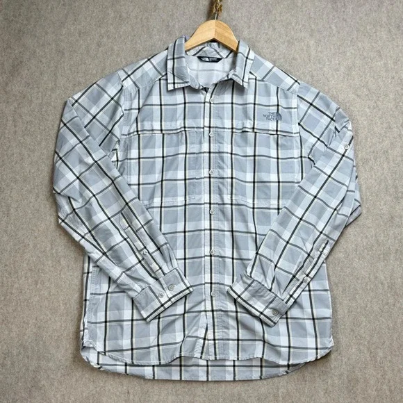 The North Face Mens Large Grey Plaid Long Sleeve Hiking Shirt Vent Mesh Back Lg