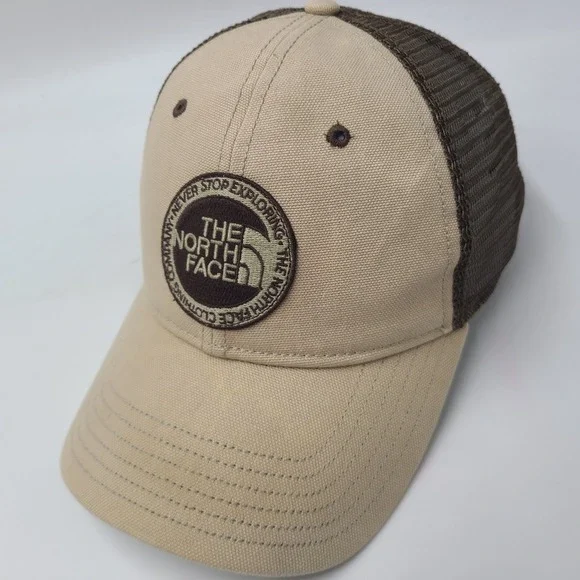The North Face Hat Snapback Trucker Mesh Beige Brown Logo Patch Hike Outdoor Men