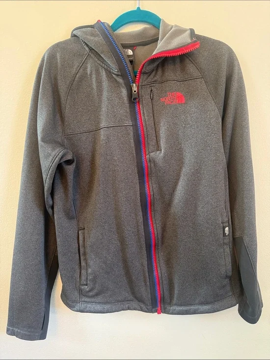 The North Face Mens' Gray Hooded Jacket with Red Logo