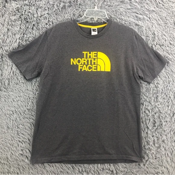 North Face Tshirt Mens Large Yellow Gray Short Sleeve Spellout