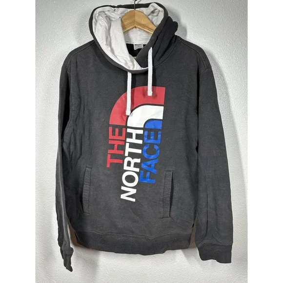 North Face Hoodie Mens Medium‎ Black Red Blue Pullover Sweatshirt Logo Graphic