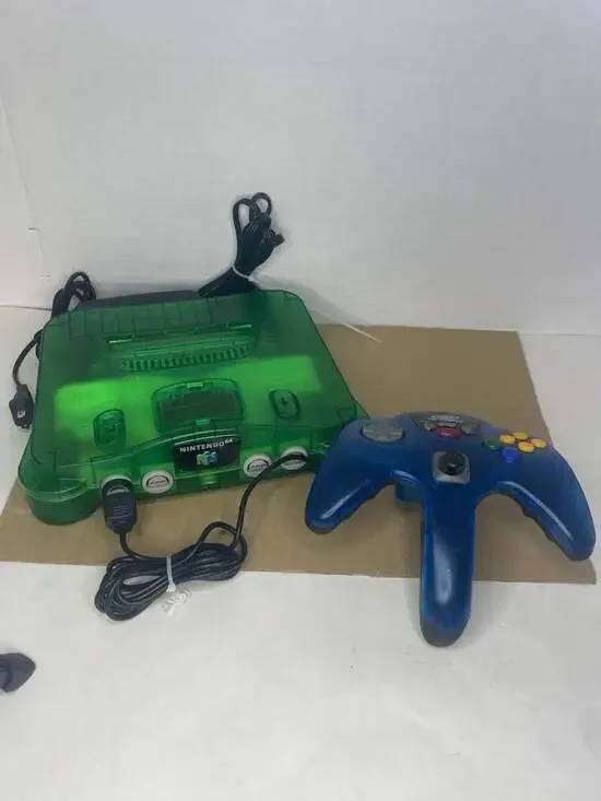Nintendo 64 Reshelled Jungle Green Console w/Blue Controller & Cables