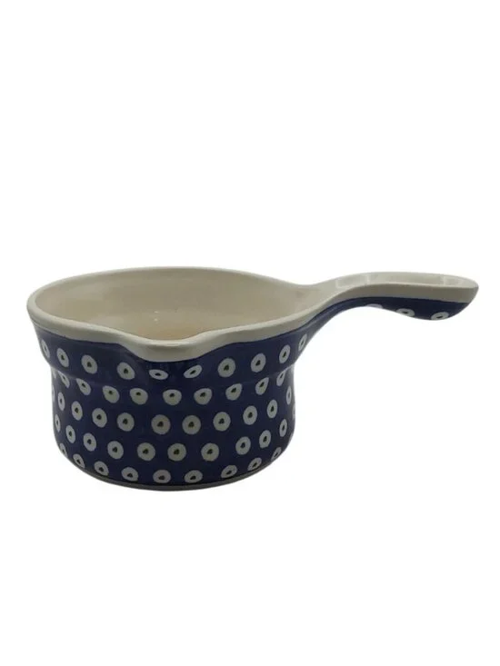 Handmade Bolesławiec Polish Pottery Blue & White Polka Dot Sauce Dish w/ Handle