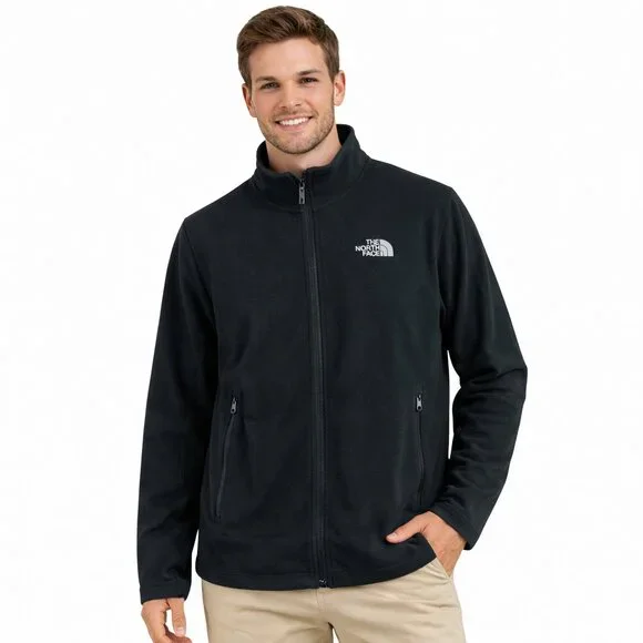 The North Face Men Sz M Black Fleece Full Zip Jacket Embroidered Logo Zip Pocket
