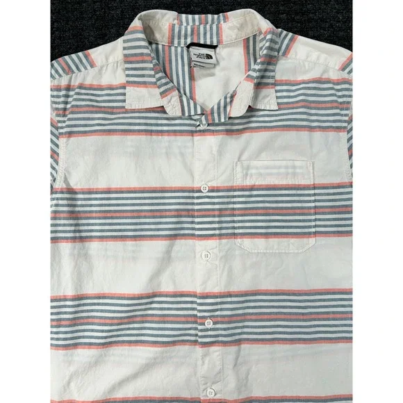 The North Face Mens Lrg Short Sleeve Button Down Striped Shirt Blue Coral White