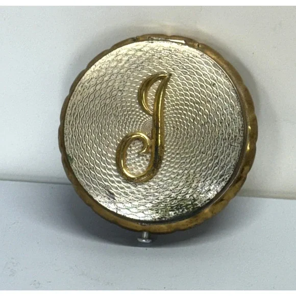 Antique powder compact Letter Script J Initial, Ornate Engraved,‎ Classic Round