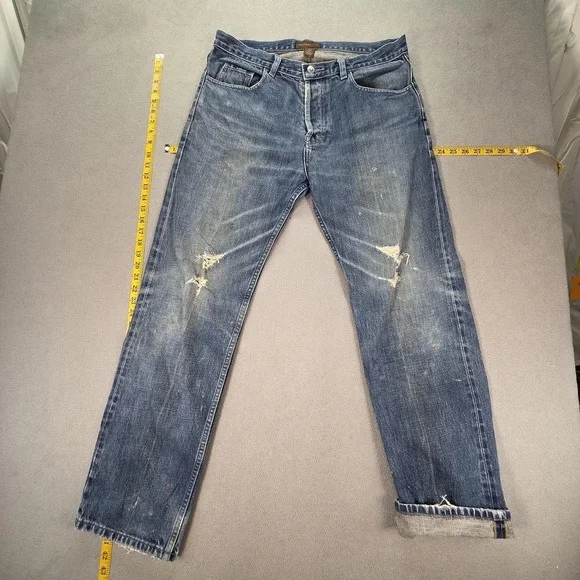 Banana Republic Jeans Mens Selvedge‎ Blue Med Wash Thrashed Whiskers Fits 33x31