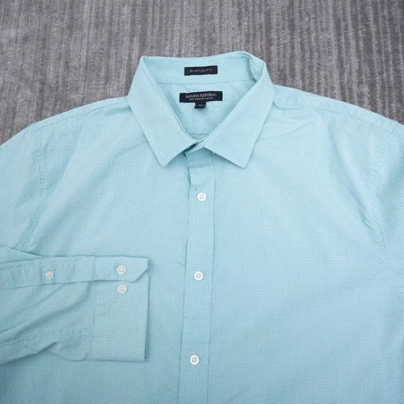 Banana Republic Slim Flex Fit Shirt Mens XL Teal Micro Check Tech Stretch Cotton