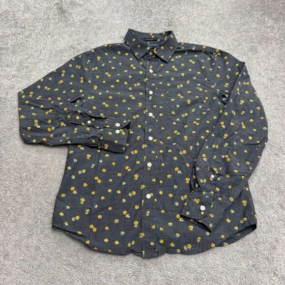 Banana Republic Floral Organic Cotton Button Down Shirt Mens Small Gray Yellow