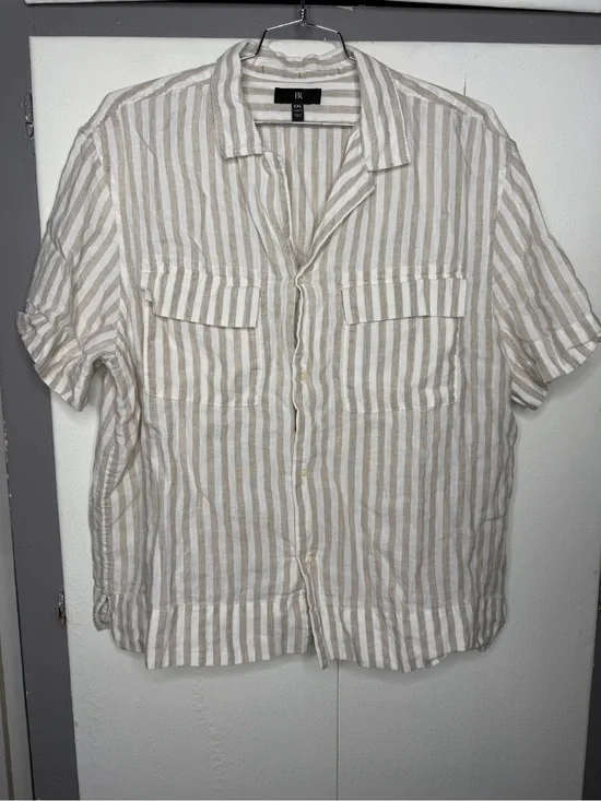 Banana Republic Men S/S Button Up Resort 100% Linen Shirt 2XL Beige Stripes