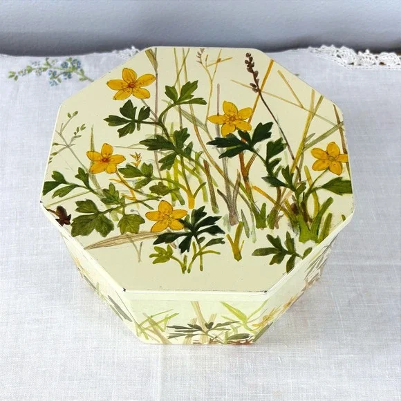 Vintage Ira Denmark Octagonal Metal Tin Yellow Wildflowers Botanical MCM Cream
