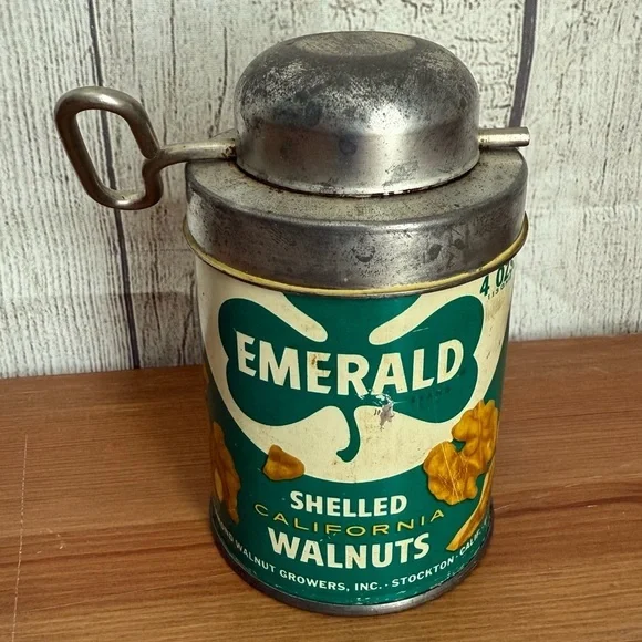 Vintage 40s/50s Emerald Shelled Walnuts 4oz Tin with Turn Key Crusher and Lid