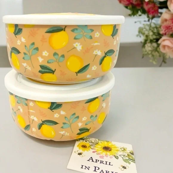 Set of TWO Ceramic Lemon Covered Soup Storage Bowls Farmhouse Cottagecore