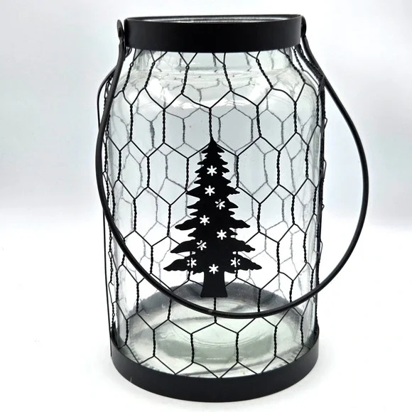 Large Lantern Jar Chicken Wire and Handle with Christmas Tree Country Farmhouse