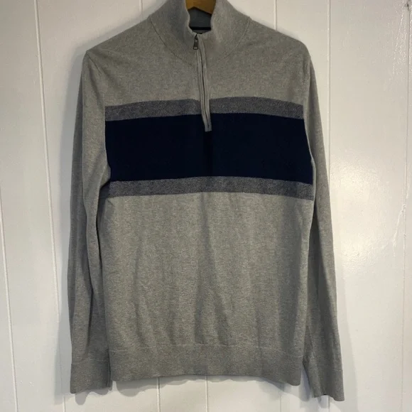 Cashmere Cotton Banana Republic Sweater | Quarter Zip | Gray Navy Stripe Tall M
