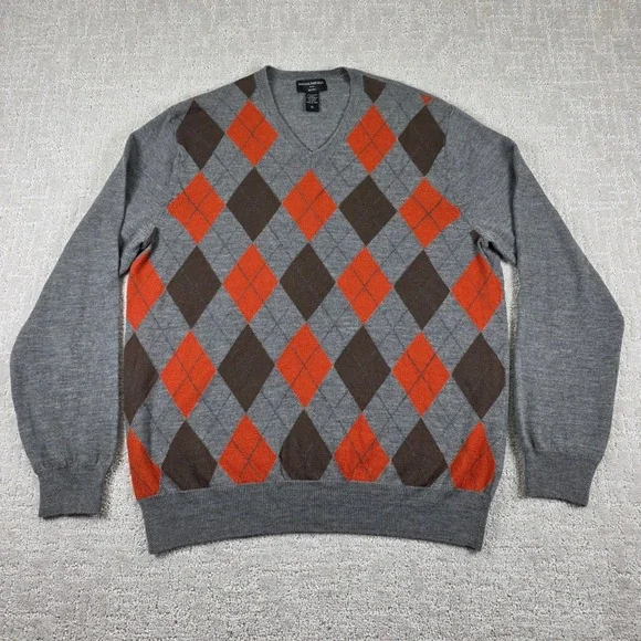 Banana Republic Merino Wool Argyle V-Neck Sweater Mens XL Grey Orange Brown