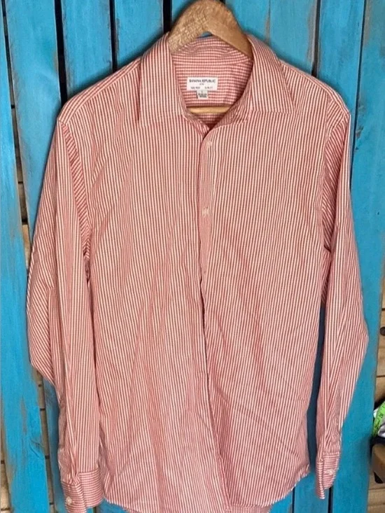 Banana Republic button up Shirt size large 16-16.5 orange white check pattern