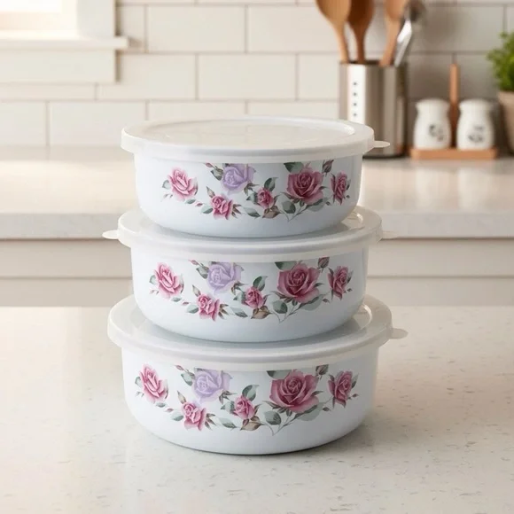 Vintage GMI Floral Enamel Nesting Bowls w Lids Porcelain on Steel Set of 3