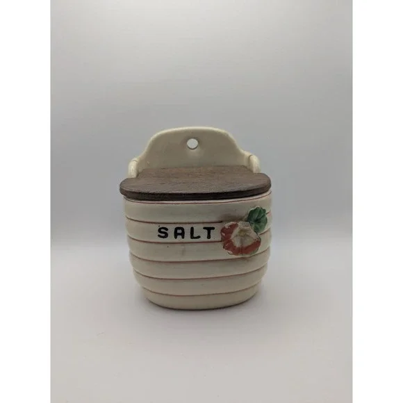 Vintage Japan Salt Cellar‎ Box with Lid Beehive Flowers Ceramic Wall Hanging