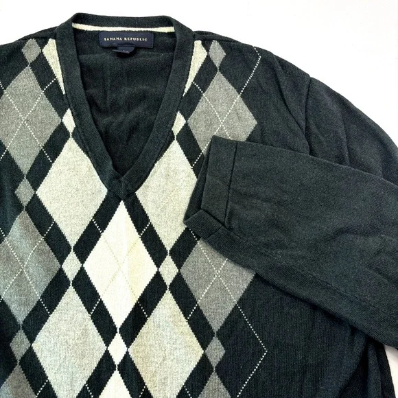 Banana Republic Men's Size Large V Neck Argyle Sweater Silk Cotton Cashmere Gray