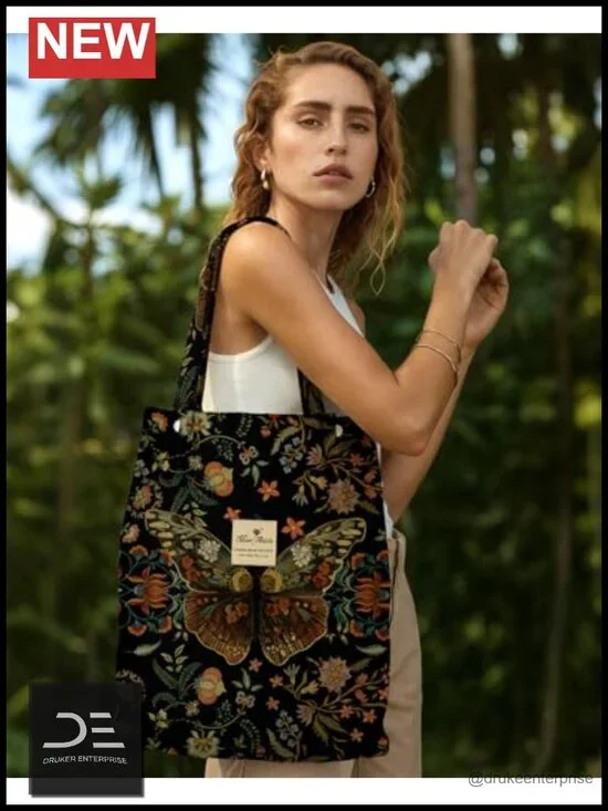 Corduroy Tote Bag with Magnetic Buckle & Pocket, Reusable, Roomy, Shoulder