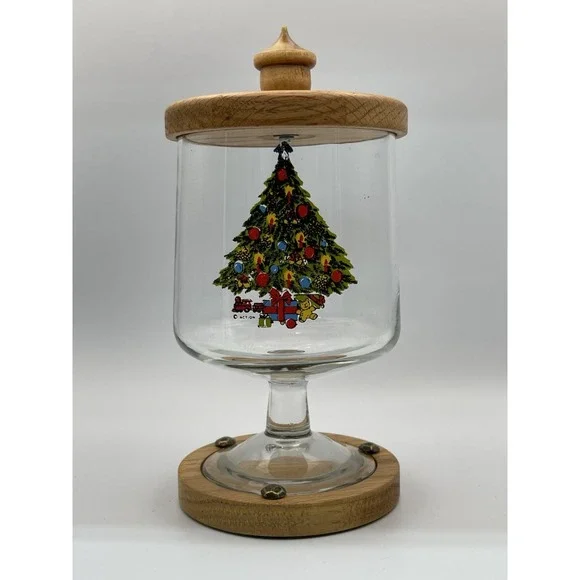 Vintage Action Christmas Tree Glass Candy Jar Wood Lid Pedestal