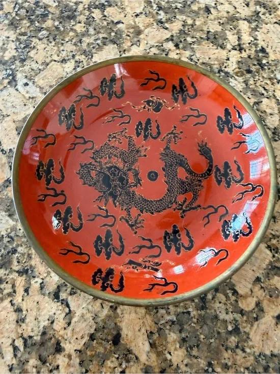 ACF Japanese Porcelain Ware & Brass Vintage Dragon Bowl Plate 1960-1980