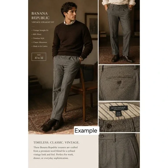 Banana Republic Mens 33x32 Pants Vintage Straight Gray Herringbone Wool Trousers